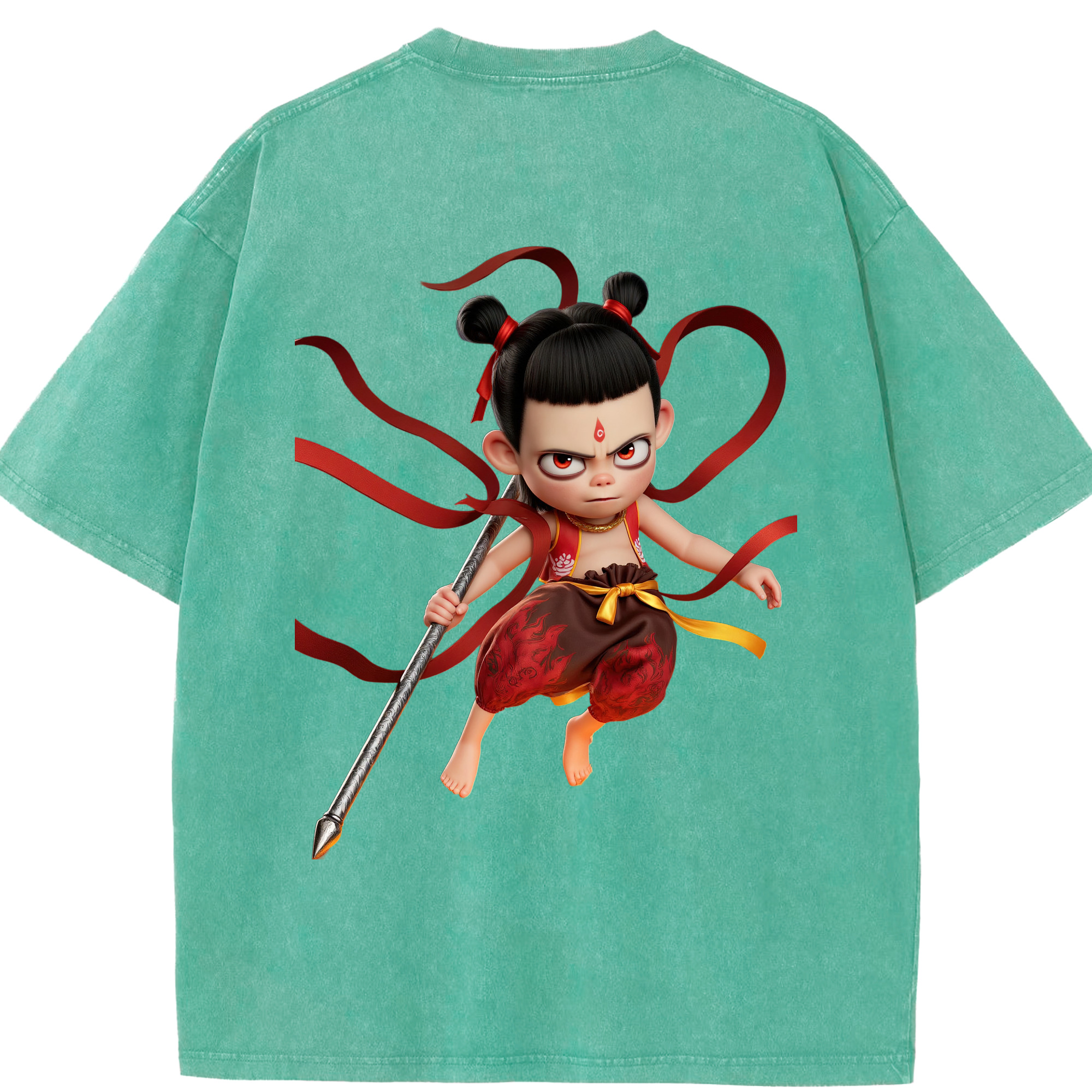 （画像用） Ne Zha 2 ナタ 魔童の大暴れ 綿100% ヴィンテージ風 半袖Tシャツ（背面プリント）